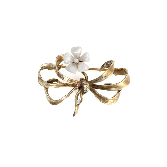 Marks Estate Dept 1 Freshwater Pearl and Diamond Pin in 14k Yellow Gold Floral Bow Motif