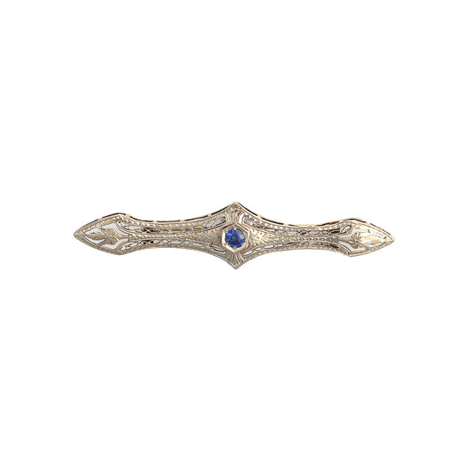 Marks Estate Dept 1 Filigree Synthetic Sapphire Bar Pin in 14k White Gold