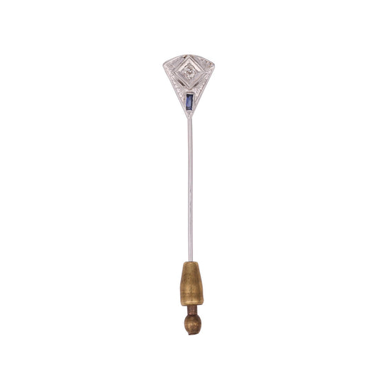 ReMARKable Estate Art Deco Stick Pin Estate Brooch with 1 Old European Diamond, Color: K, Clarity: I1, 0.10ctw and 1 Baguette Lab Created Blue Sapphire in 18 Karat Gold on 14 Karat Pin Stem