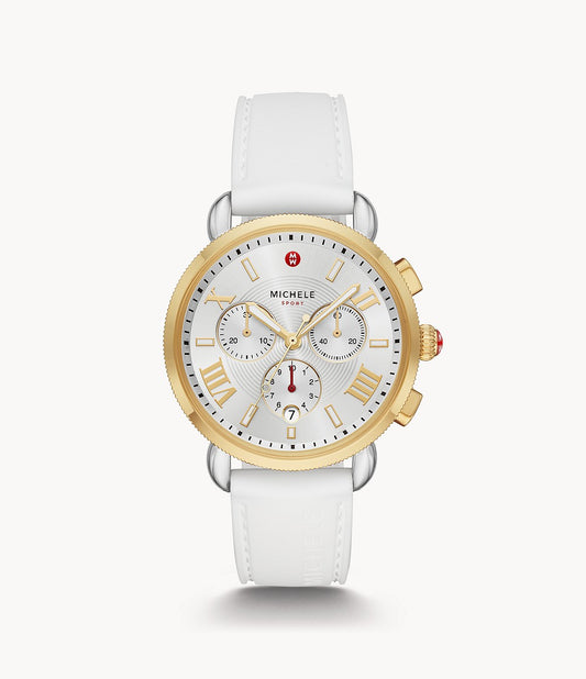 Michele Sport Sail Chronograph Ladies Timepiece with Quartz Movement, 38mm Case, Silver Dial, Sapphire Crystal, 5 ATM Water Resistance