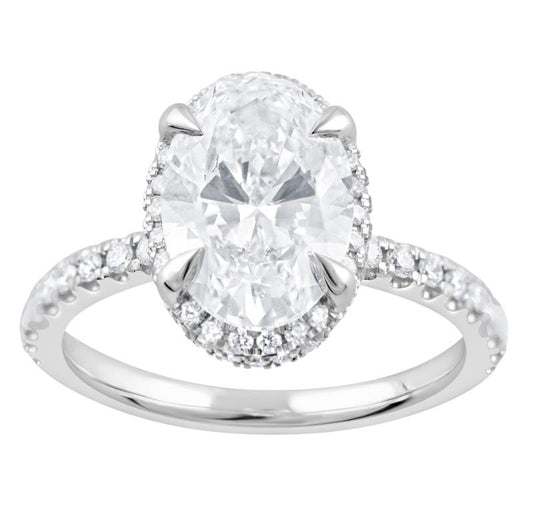 ReMARKable Designs Halo Lab-Grown Diamond Complete Engagement Ring in 14 Karat White Gold with 3.03ct Oval Lab-Grown Diamonds, Clarity: VS2, Color: G