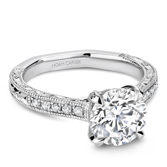 Noam Carver Hidden Accent Solitaire Natural Diamond Semi-Mount Engagement Ring in 14 Karat White Gold with 32 Round Diamonds 0.08ctw