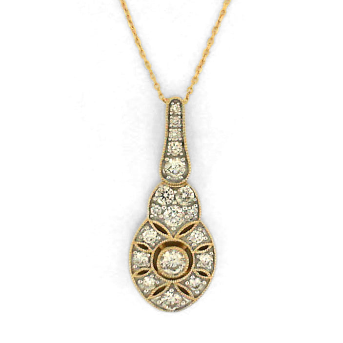 Yellow gold necklace with round diamond pendant.