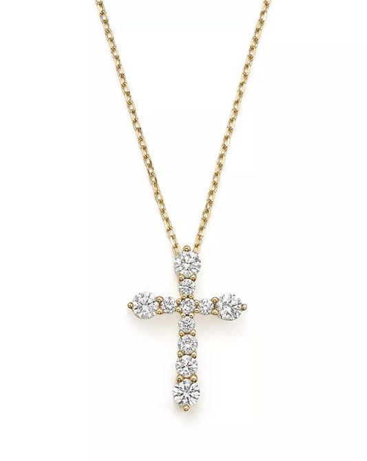 Cross necklace with diamonds, yellow gold chain.