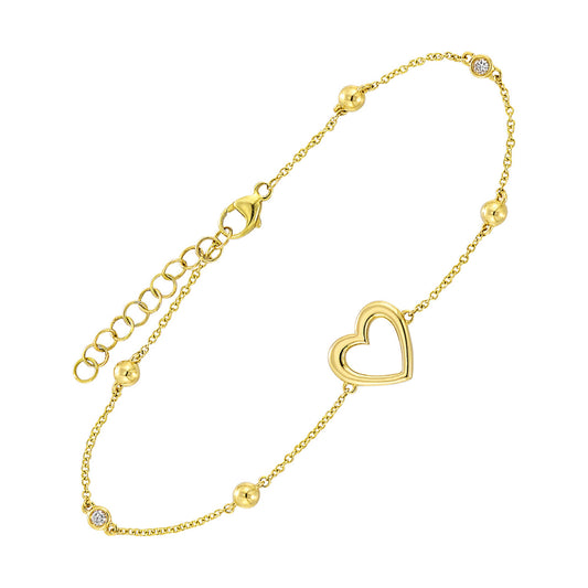 ReMARKable Designs Heart Natural Diamond Ladies Bracelet in 14 Karat Yellow Gold with 0.05ctw Round Diamonds, Lobster Claw Clasp