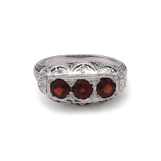 Marks Estate Dept 1 Estate Collection Color Gemstone Ring in 18 Karat White Gold with 3 Round Garnets 3.9mm-4.09mm