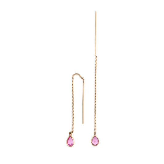 Marks Estate Dept 1 Estate Collection Threader Color Gemstone Earrings in 14 Karat Yellow Gold with 2 Pear Pink Lab Created Sapphires - 7mm