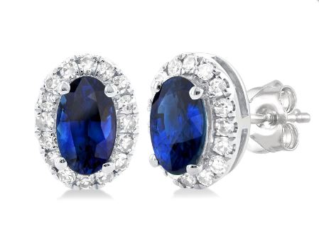Oval sapphire earrings in white gold setting.