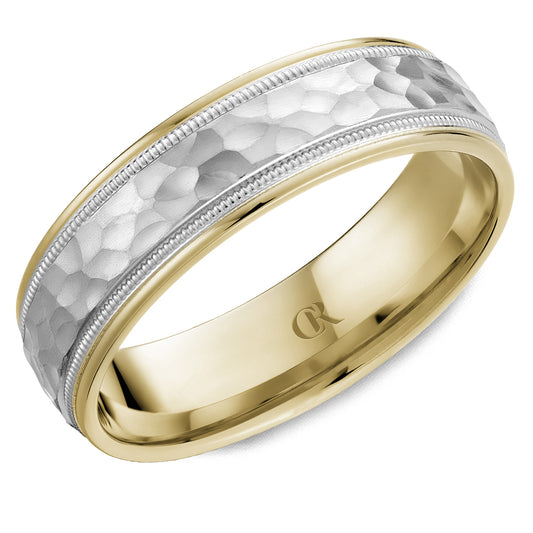 Carved yellow gold band with polished finish.
