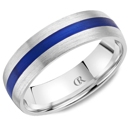 Silver band with blue inlay stripe.