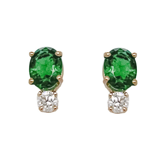 Stud Color Gemstone Earrings in 14 Karat Yellow with 2 Oval Very Slightly Bluish Green Emeralds 1.45ctw 7.15mm