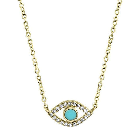 14 Karat Yellow Gold Composite Turquoise and Diamond Eye Necklace