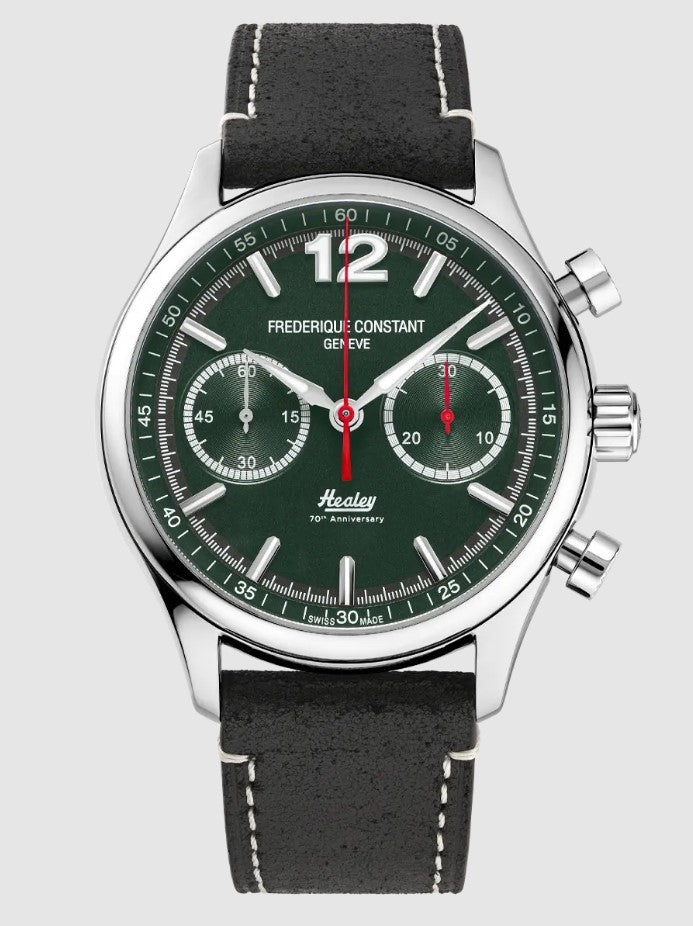 Green dial chronograph with leather strap.