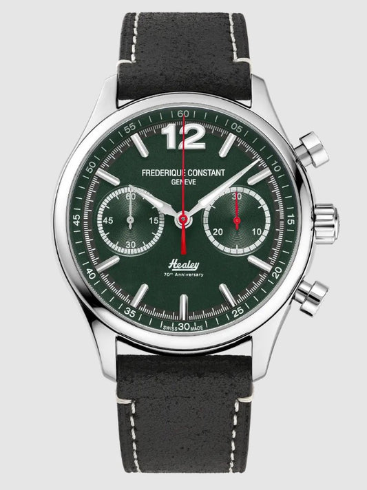 Green dial chronograph with leather strap.