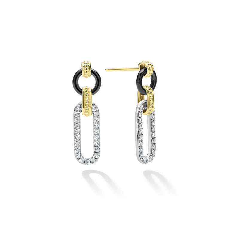 Diamond drop earrings with black, yellow accents.