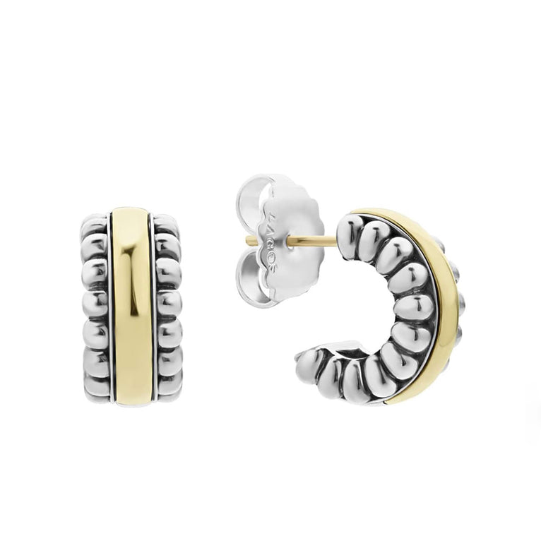 Sterling silver yellow-accented caviar hoop earrings.