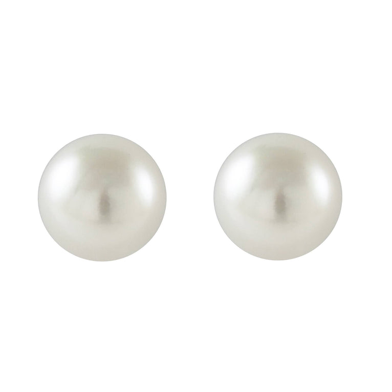 White pearl stud earrings in sterling silver.