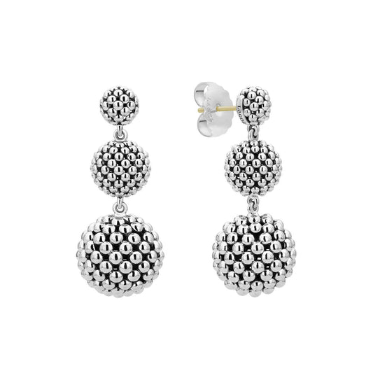 Silver beaded drop earrings, textured design.