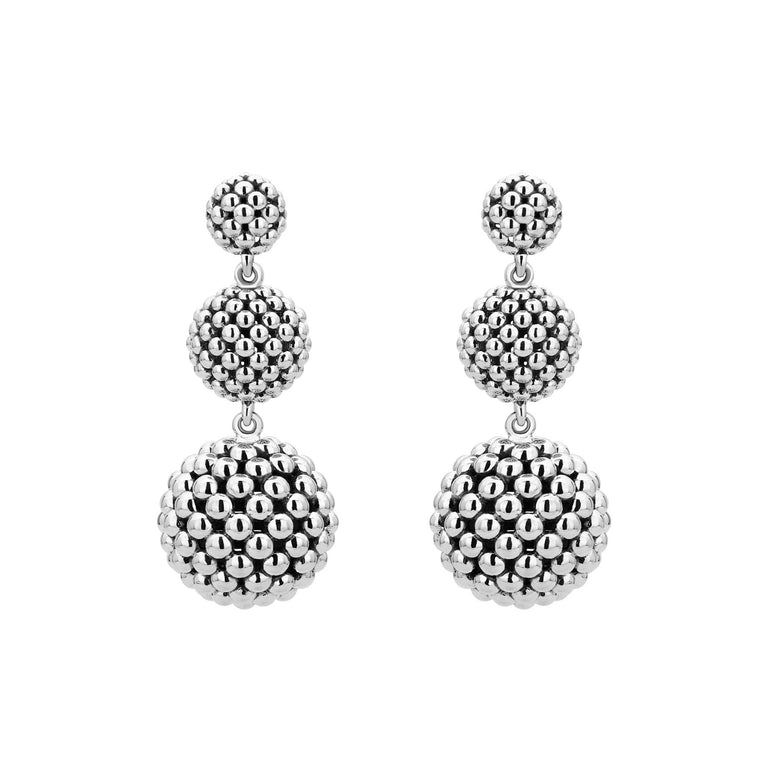 Silver beaded drop earrings, three-tier design.