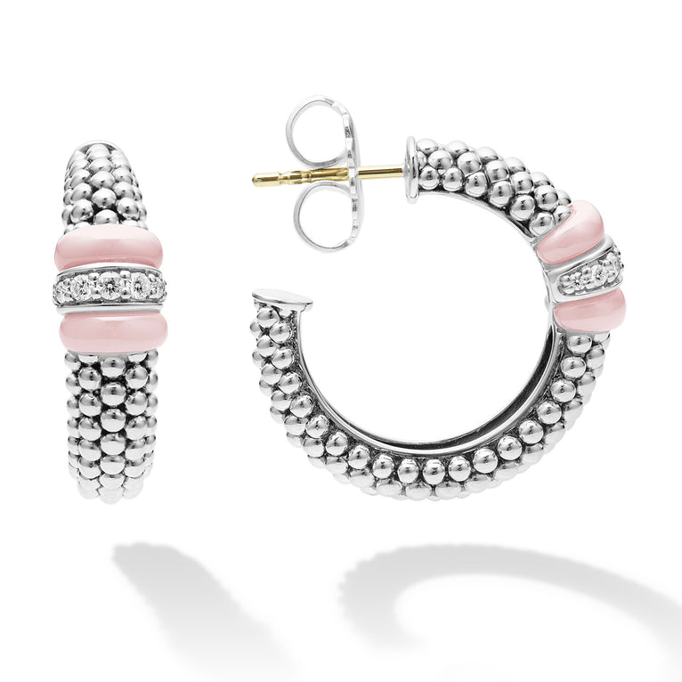 Sterling silver pink ceramic hoop earrings with diamonds.