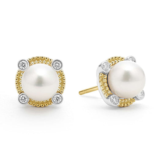 Pearl and diamond stud earrings with gold accents.