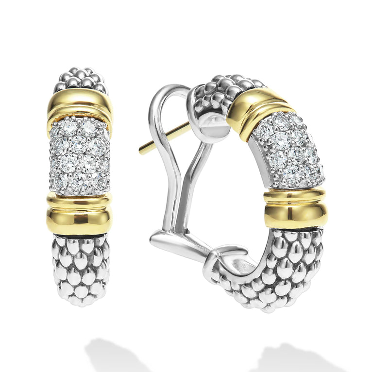 Sterling silver hoop earrings with diamonds.