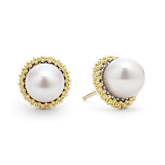 Yellow pearl stud earrings with beaded border.
