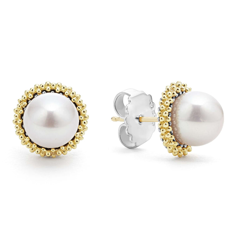 Yellow pearl stud earrings with gold beaded trim.