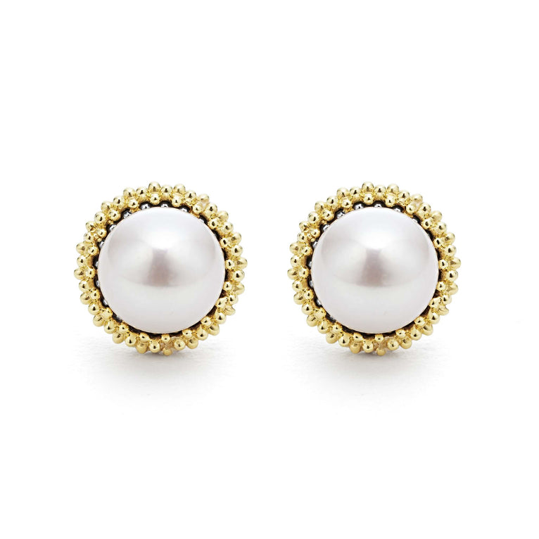 Yellow pearl stud earrings with beaded border.