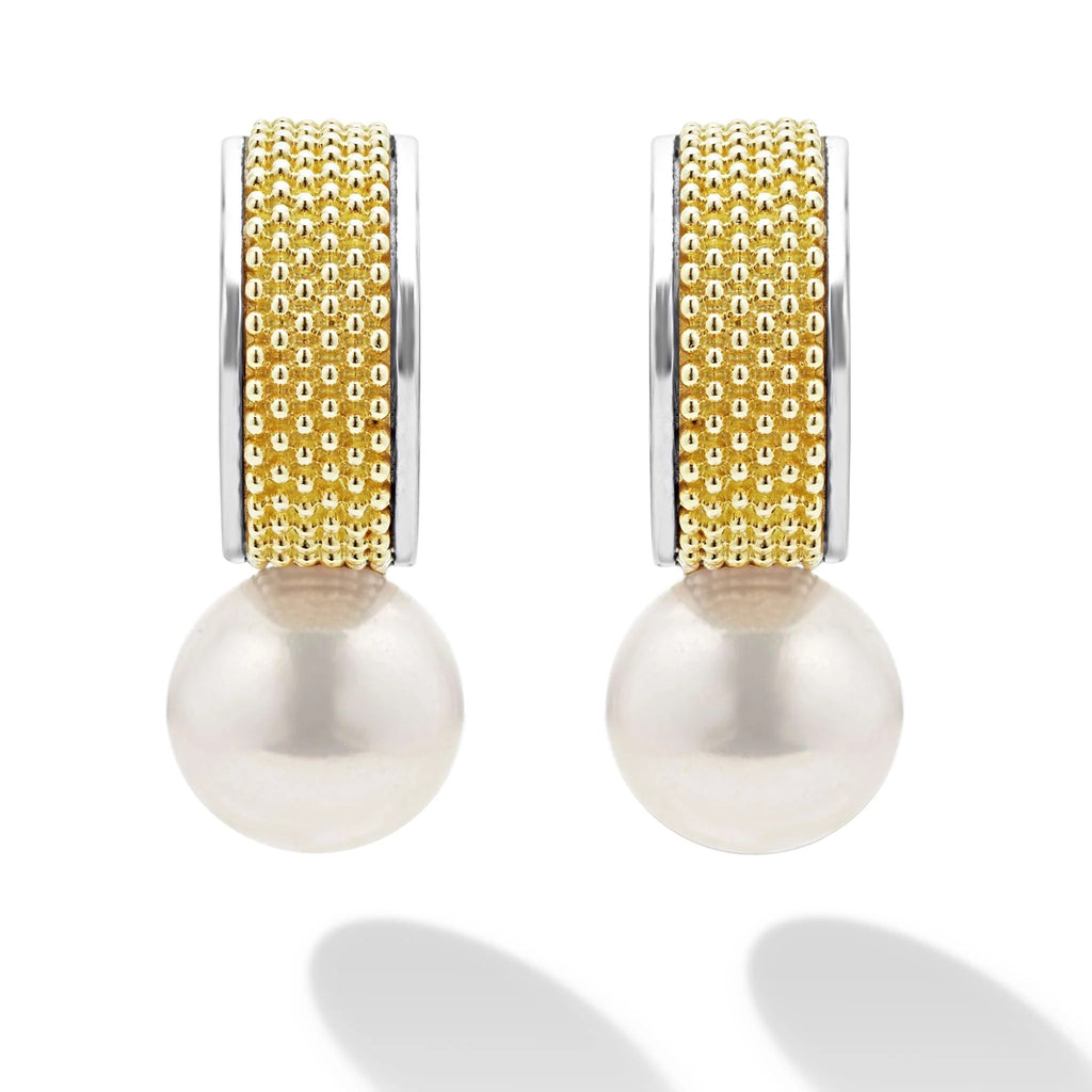 Yellow pearl half hoop earrings, silver accents.