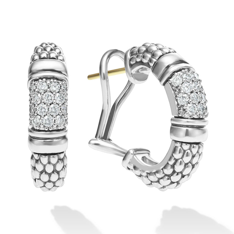 Sterling silver hoop earrings with diamonds.