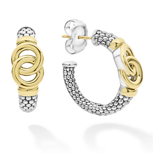 Sterling silver hoops with gold accents.
