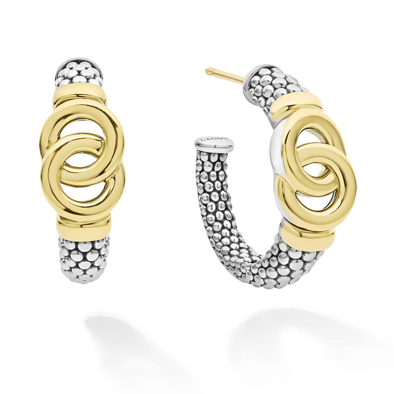 Sterling silver hoops with gold accents.