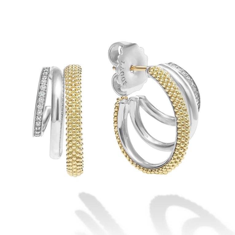 Sterling silver, gold beaded diamond hoops.