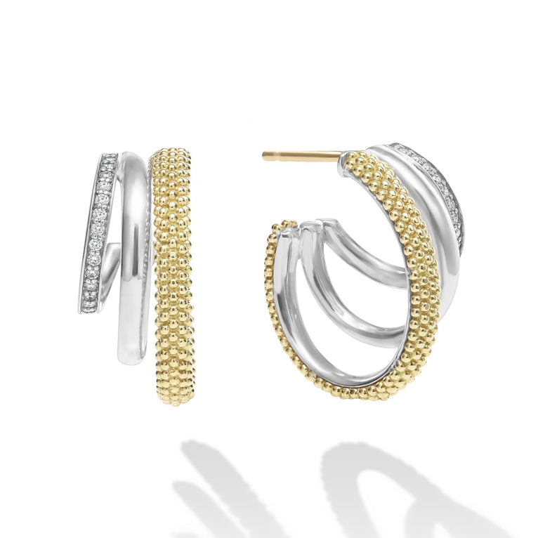 Sterling silver and gold diamond hoop earrings.