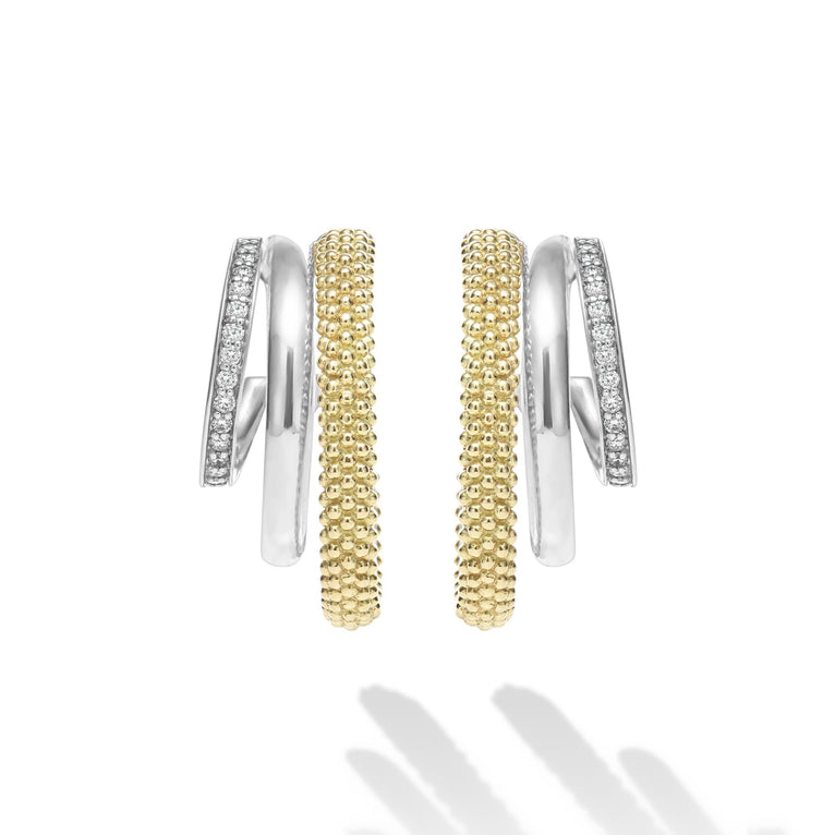 Sterling silver and gold beaded hoop earrings.