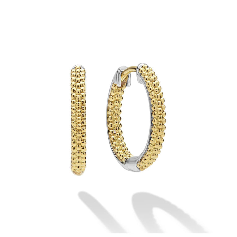 Sterling silver yellow beaded hoop earrings.