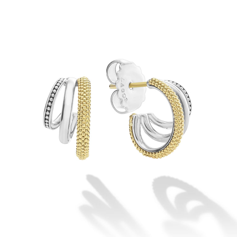Sterling silver, gold beaded hoop earrings.