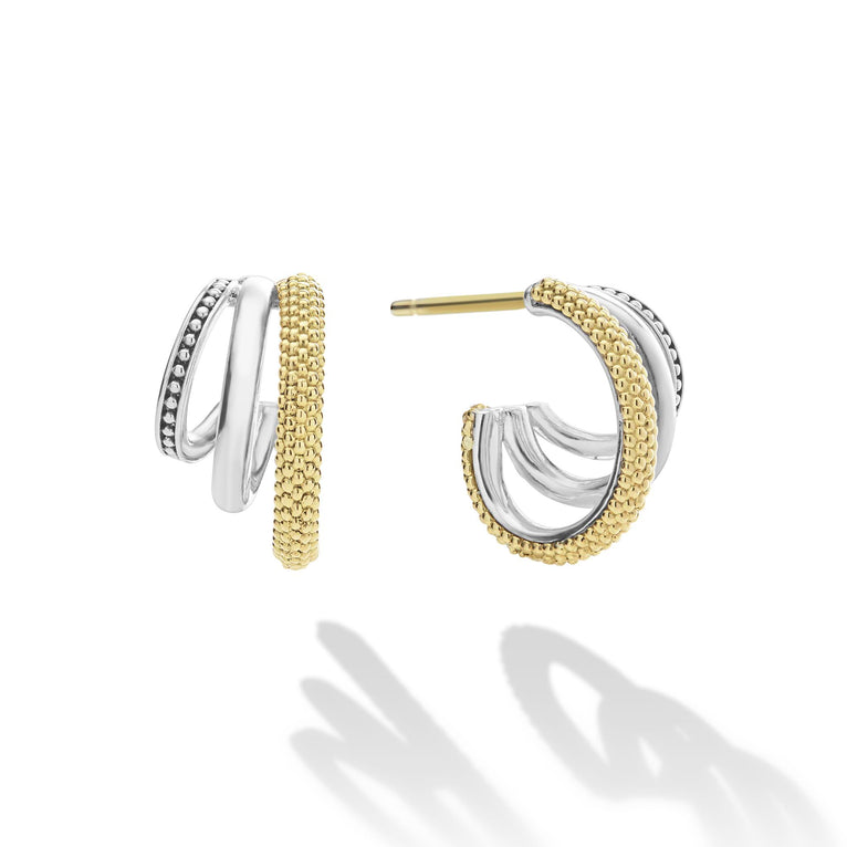Sterling silver and gold textured hoop earrings.