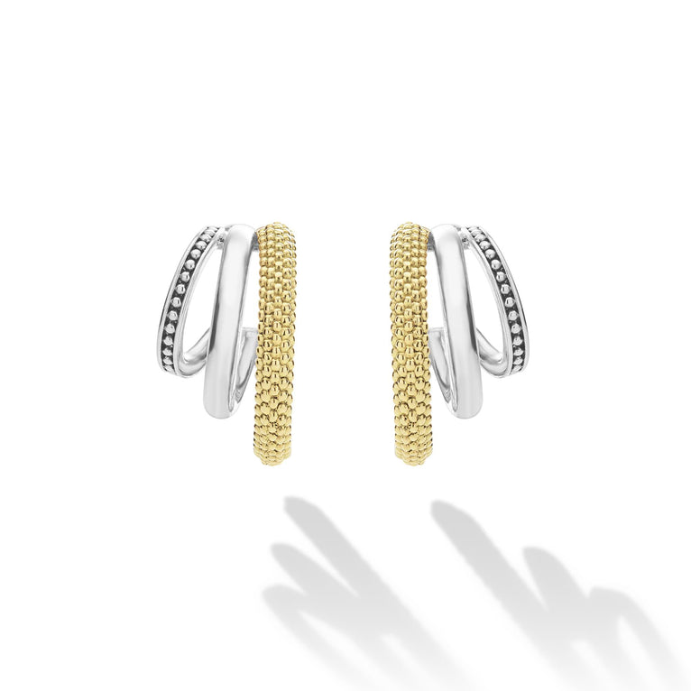 Sterling silver and gold textured hoops.