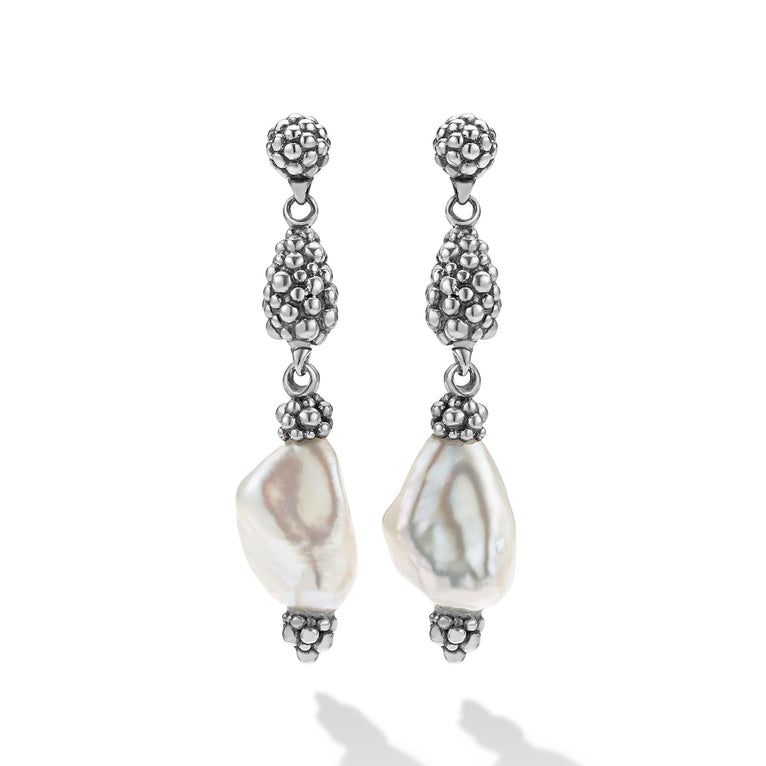 Baroque pearl drop earrings in silver.