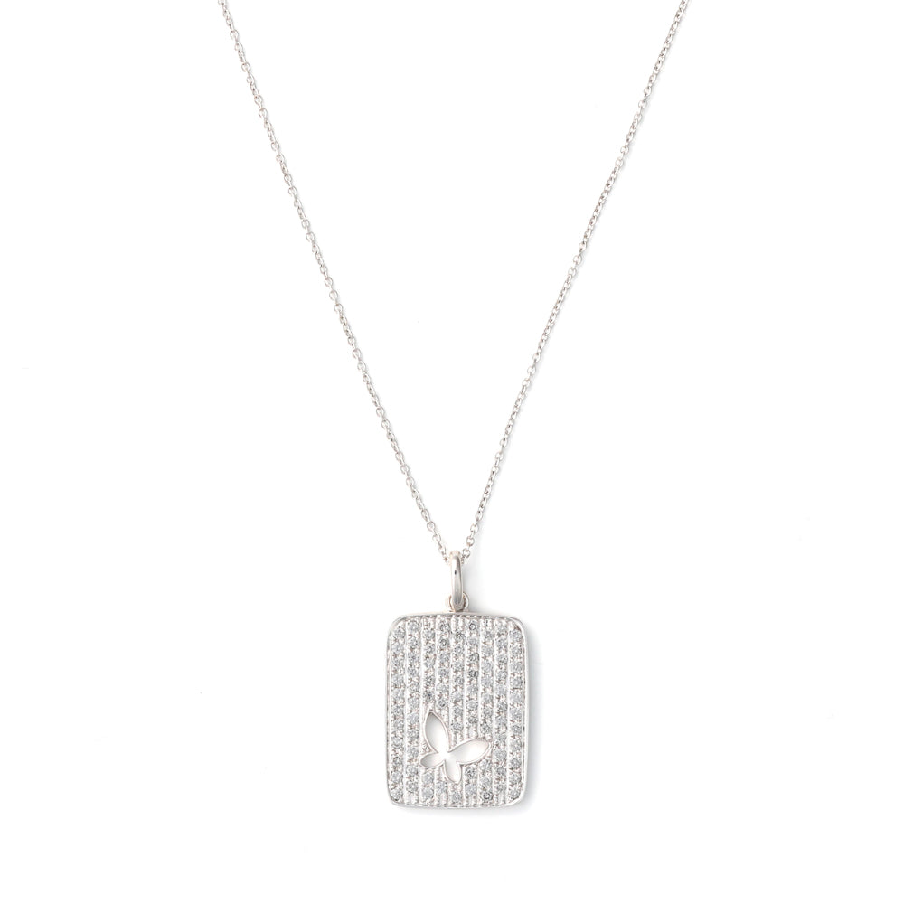 Butterfly diamond pendant on white gold chain.