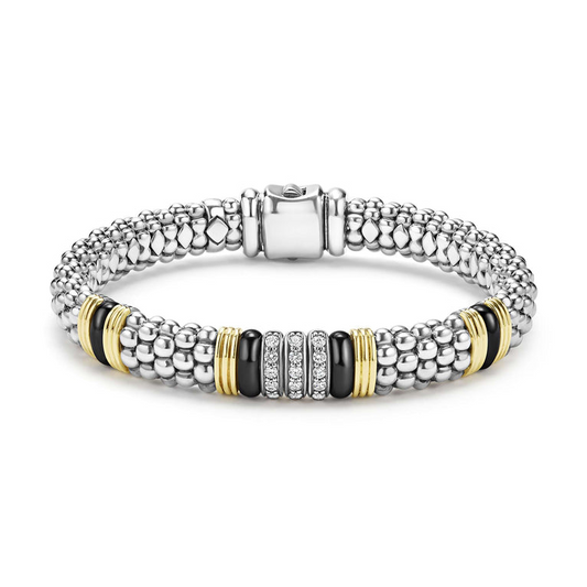 Lagos Black Caviar Collection Natural Diamond Bracelet in Sterling Silver - 18 Karat White-Yellow-Black with 0.33ctw G/H SI1-SI2 Round Diamond