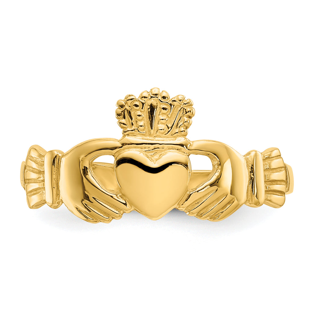 Yellow gold Claddagh ring with heart motif.