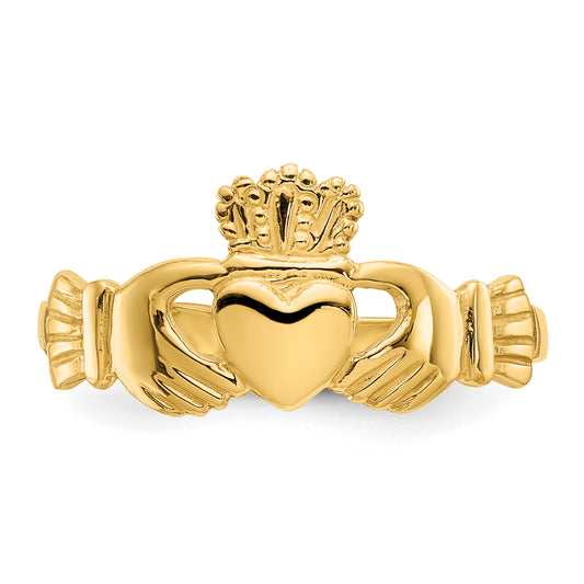 Yellow gold Claddagh ring with heart motif.