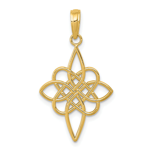 Intricate gold knot pendant design.