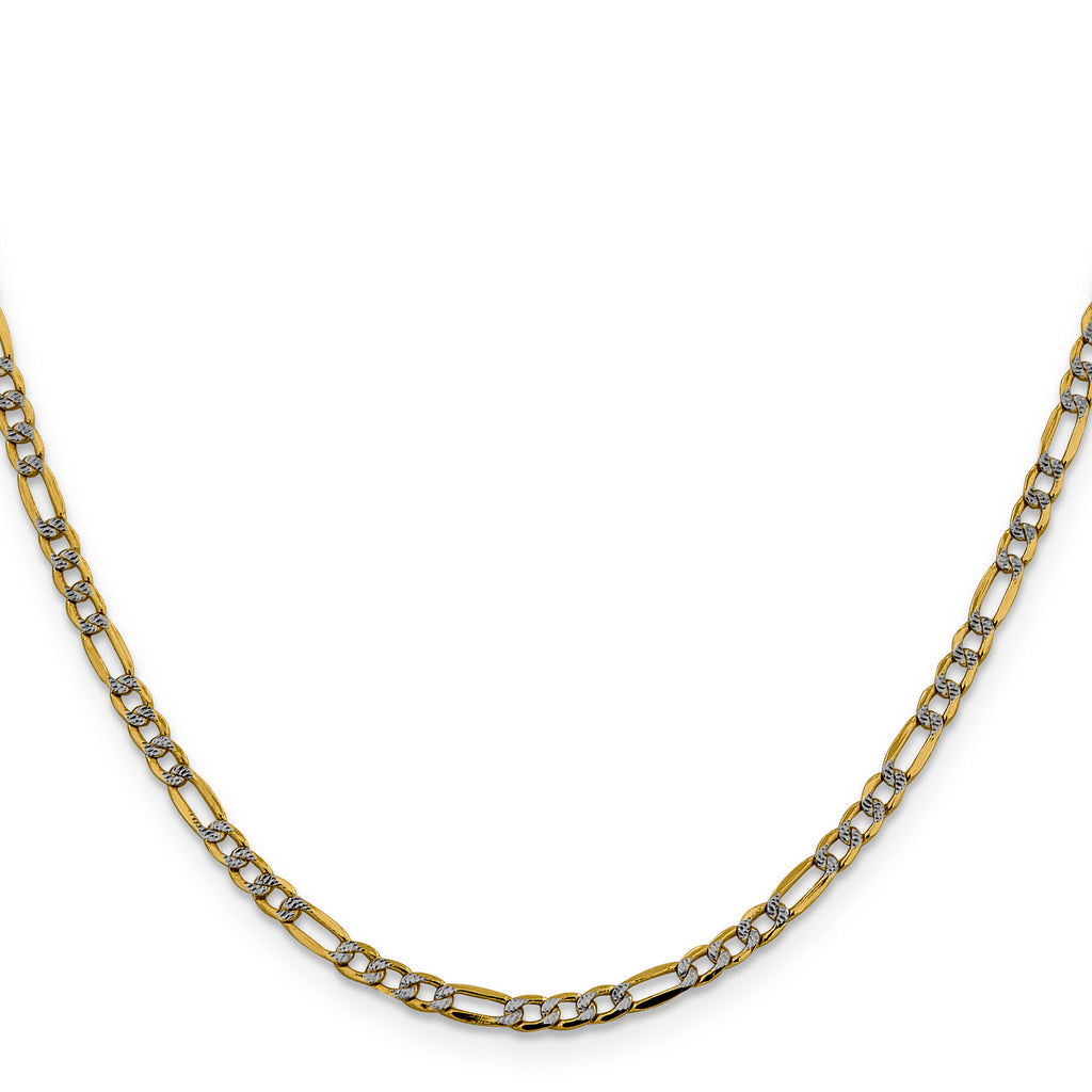 Dual-tone Figaro chain, 14K white-yellow gold.