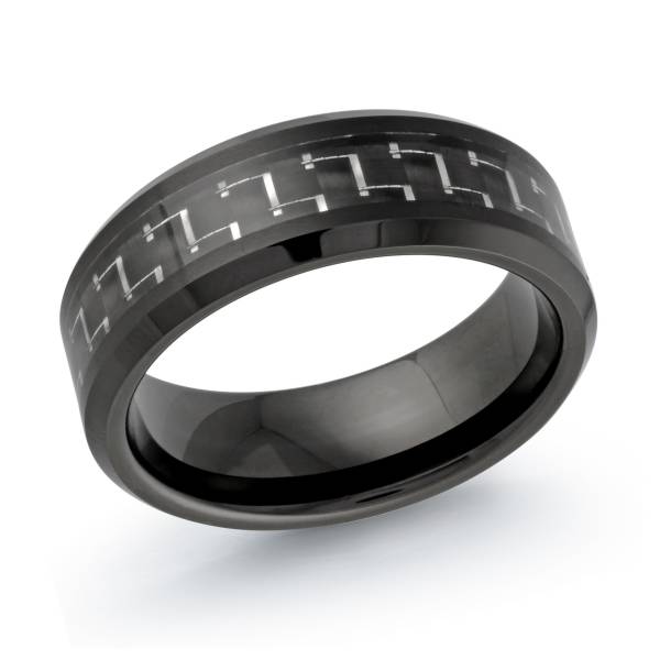 Black tungsten carbide band with carved design.