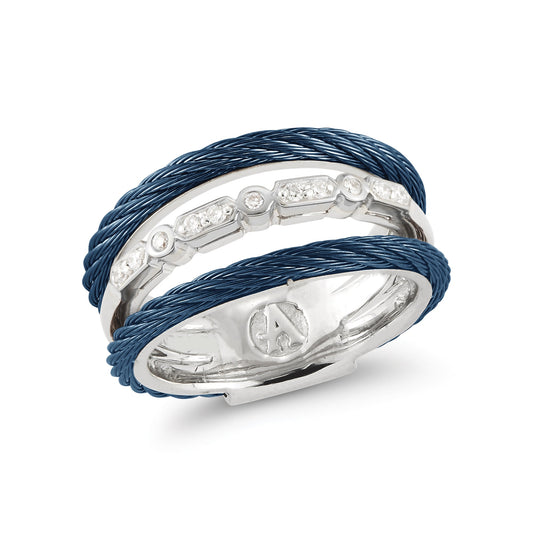 Blue cable ring with diamonds, white gold accents.