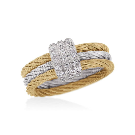 Stainless steel cable ring with diamonds.